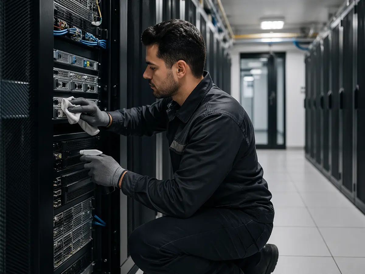Técnico realizando limpeza em servidores em data center