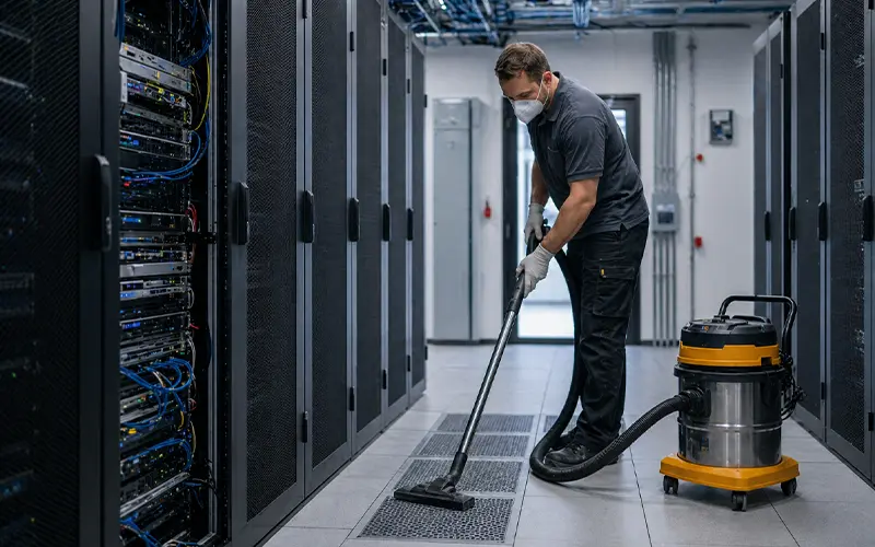 Profissional realizando limpeza pós-obra técnica em ambiente de data center