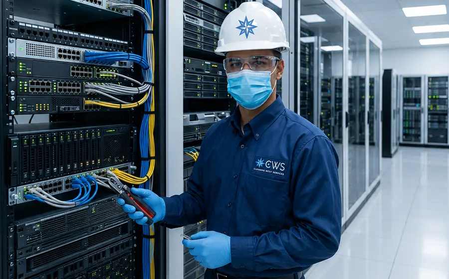 Técnico da CWS Brasil realizando limpeza especializada em data center
