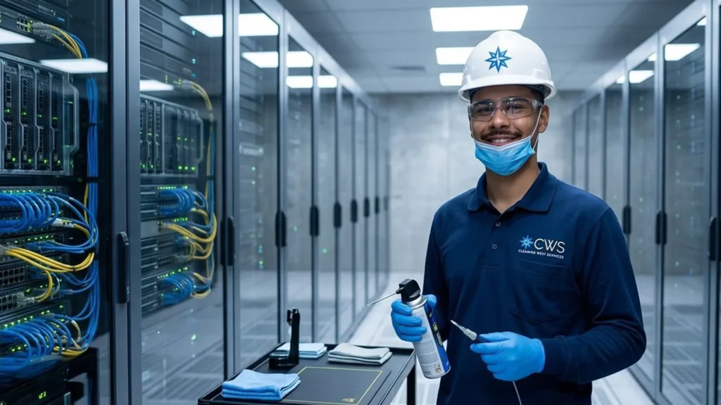 Profissional da CWS Brasil realizando limpeza técnica em data center de missão crítica