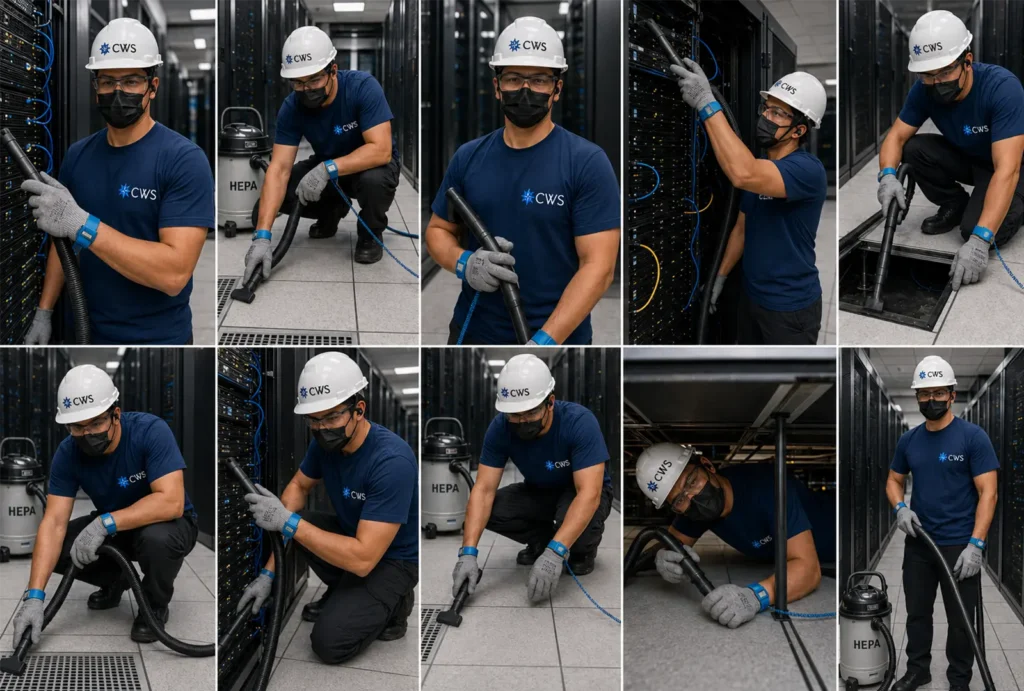 Equipe CWS Brasil realizando limpeza técnica em data center com equipamentos especializados