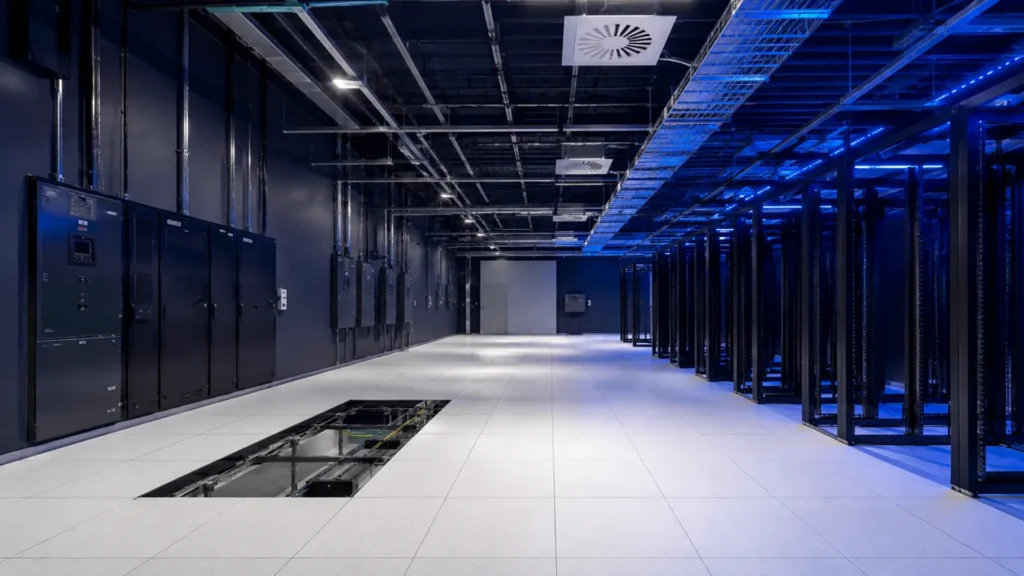 Ambiente técnico de data center em fase de comissionamento e limpeza pós-obra