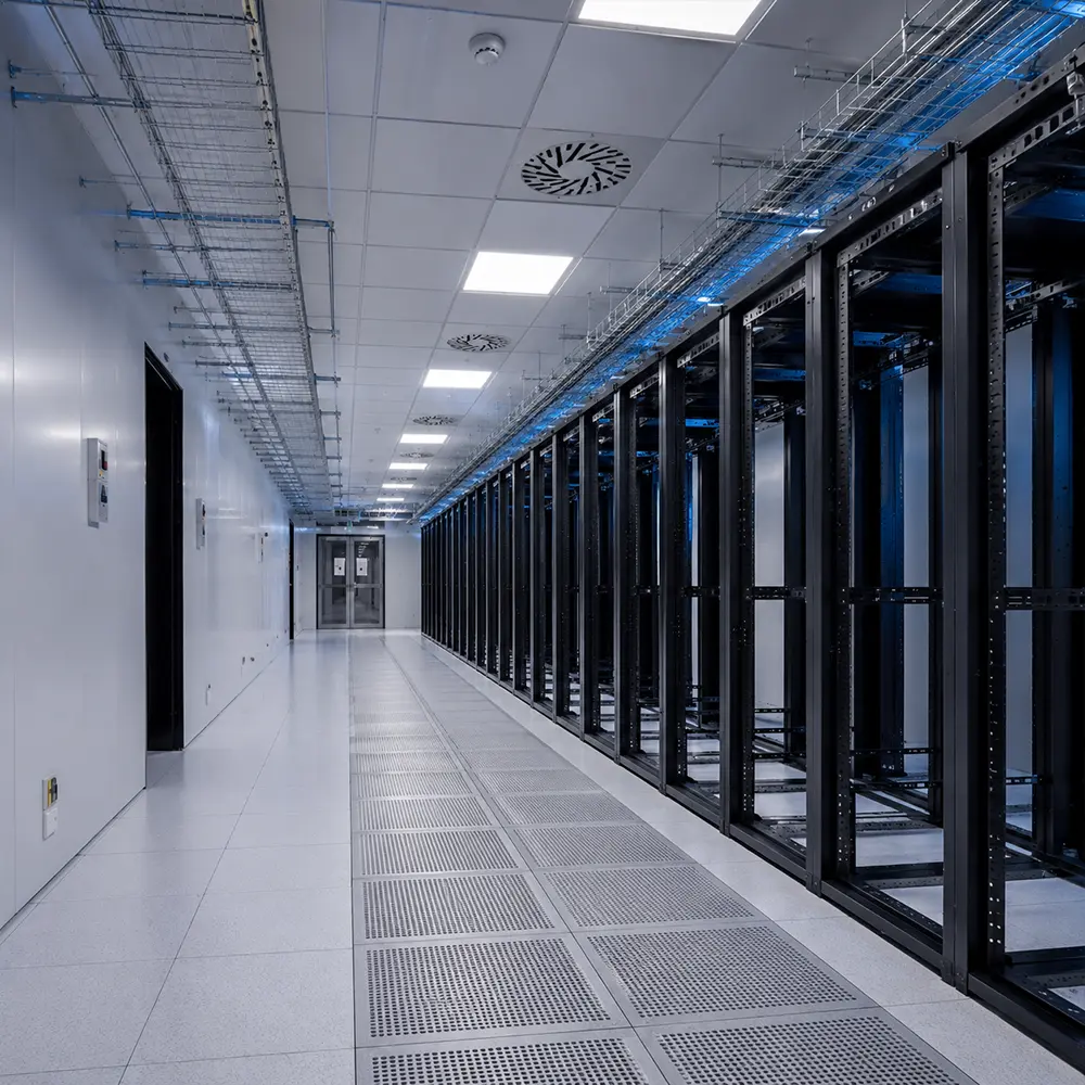 Ambiente técnico de data center preparado para limpeza pós-obra antes da instalação dos equipamentos