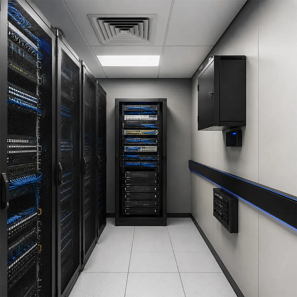 Limpeza técnica em sala de servidores e network closet com racks e cabeamento estruturado