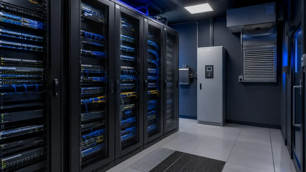 Limpeza técnica em sala de servidores e network closet com racks e cabeamento estruturado