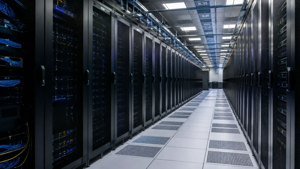 Limpeza técnica em data centers com racks, piso elevado e corredor de airflow