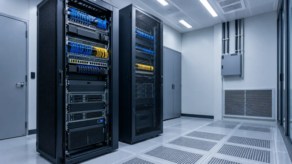 Limpeza de salas técnicas com racks, cabeamento e equipamentos de rede em ambiente MDF e IDF