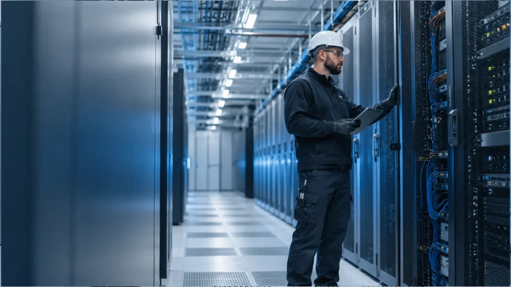 Técnico em data center realizando inspeção em ambiente de limpeza técnica em ambientes críticos