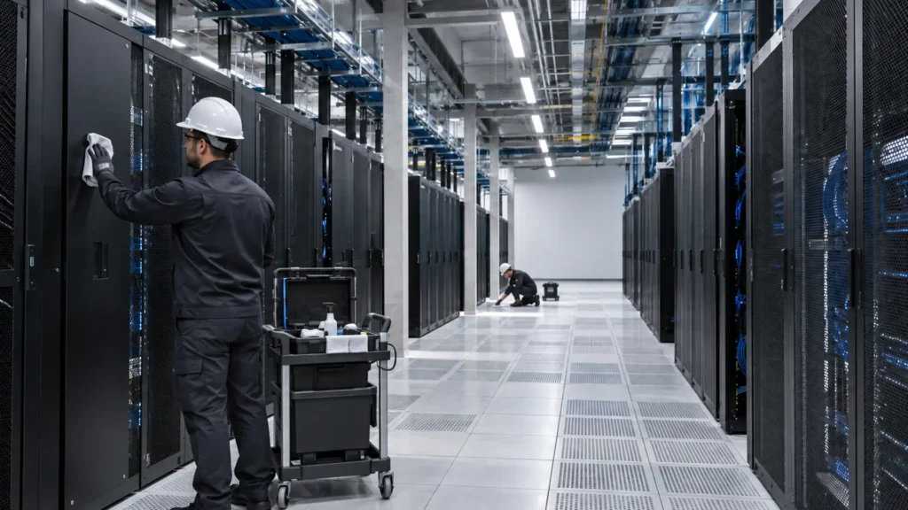 Pós-obra técnico em data center antes da energização, com limpeza especializada de ambiente de missão crítica